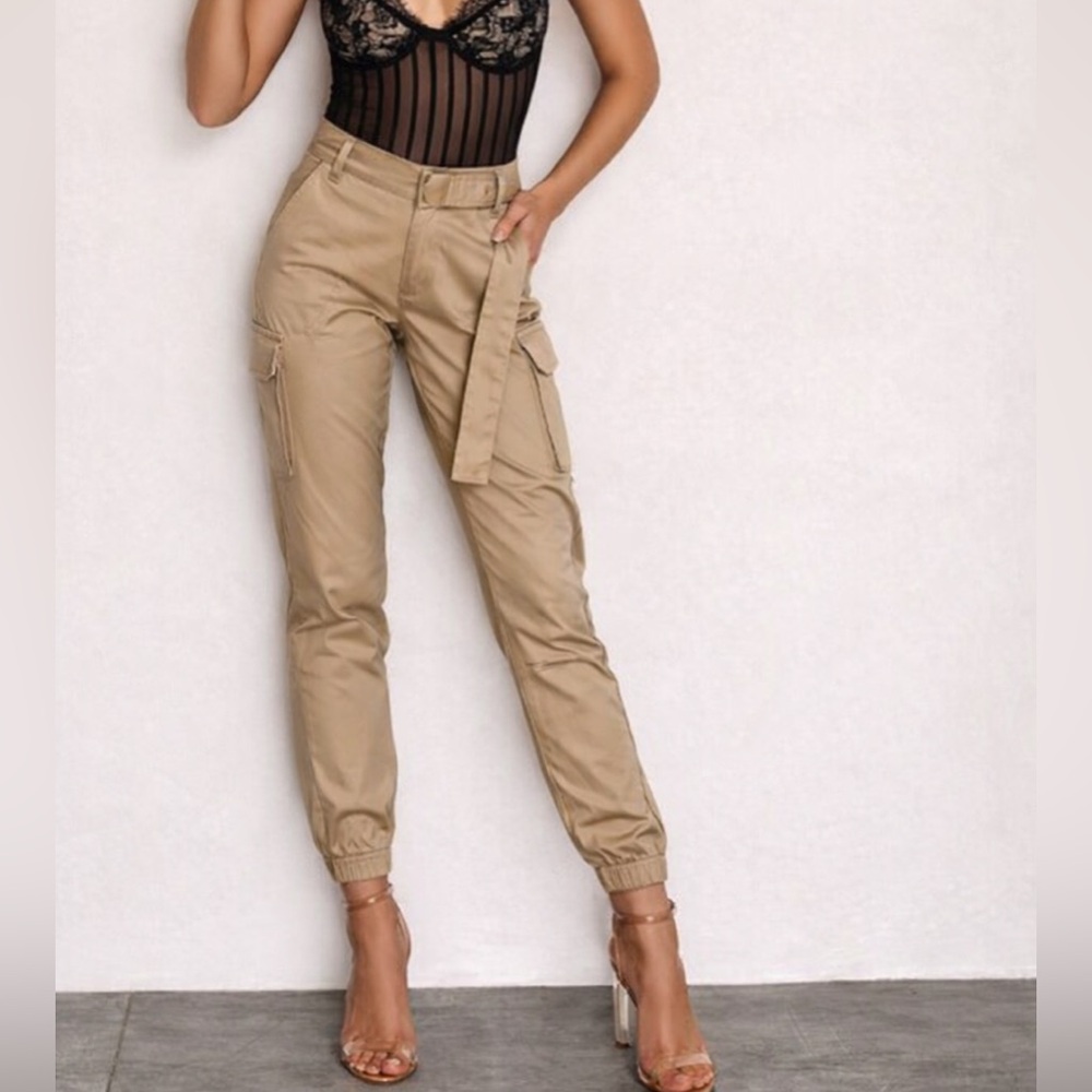 Joyfunear Pocket Side Elastic Hem Belted Utility Cargo Pants